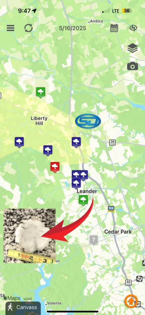 Map of Hail Damage Leander, Liberty Hil.